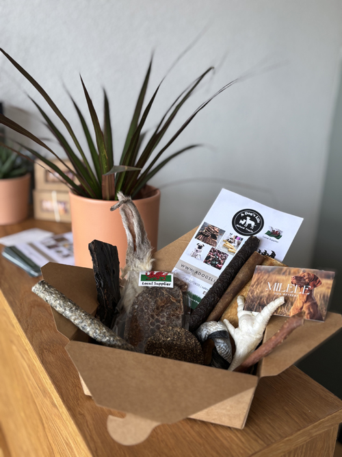 Natural dog treats gift box with antlers and chews